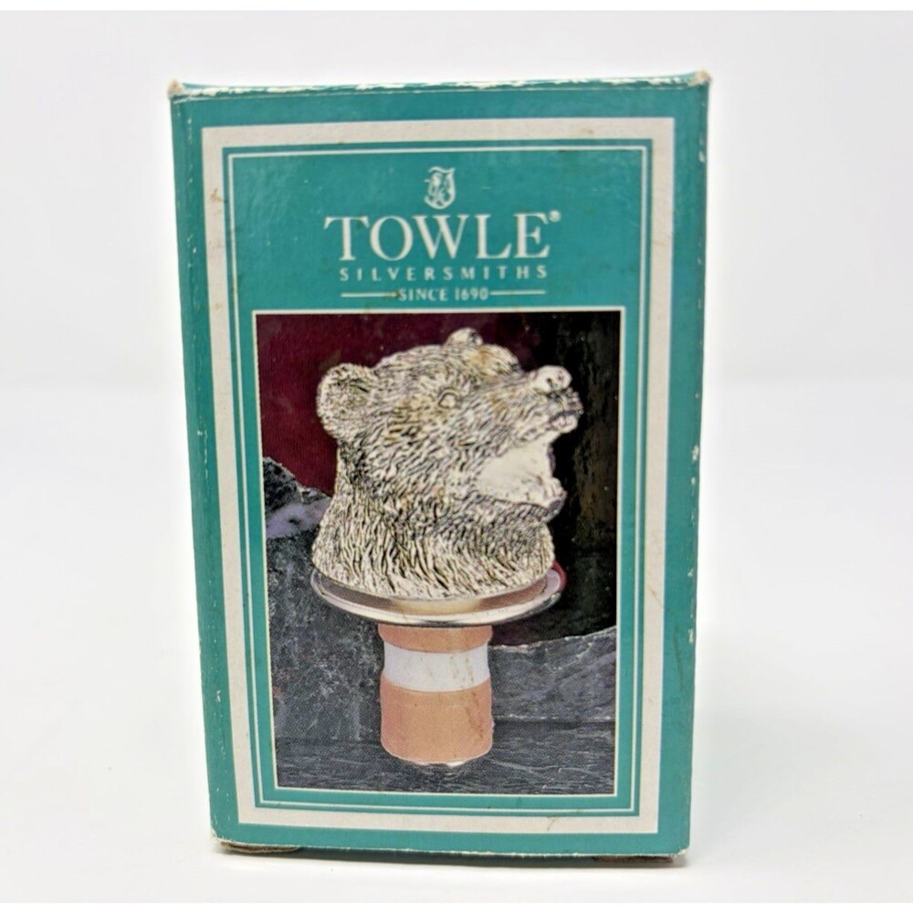 Towle Silversmiths Silverplated Antique Finish Bear Head Bottle Stopper NOS
